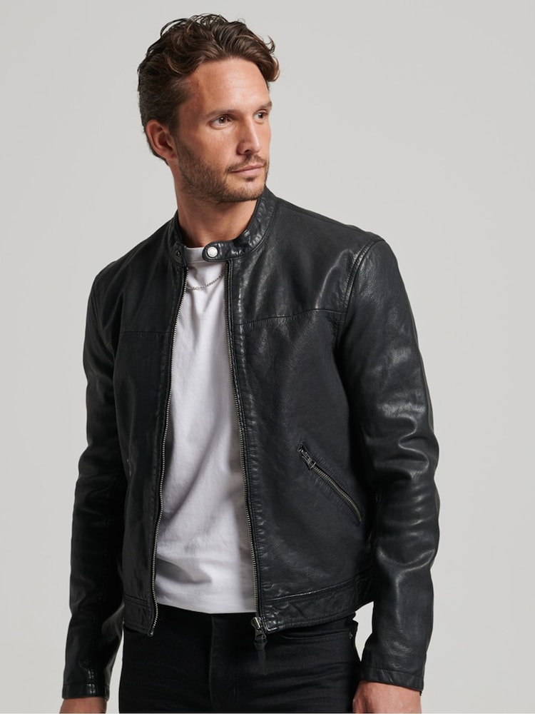 Superdry Black Heritage Leather Sports Racer Jacket - Image 1 of 8