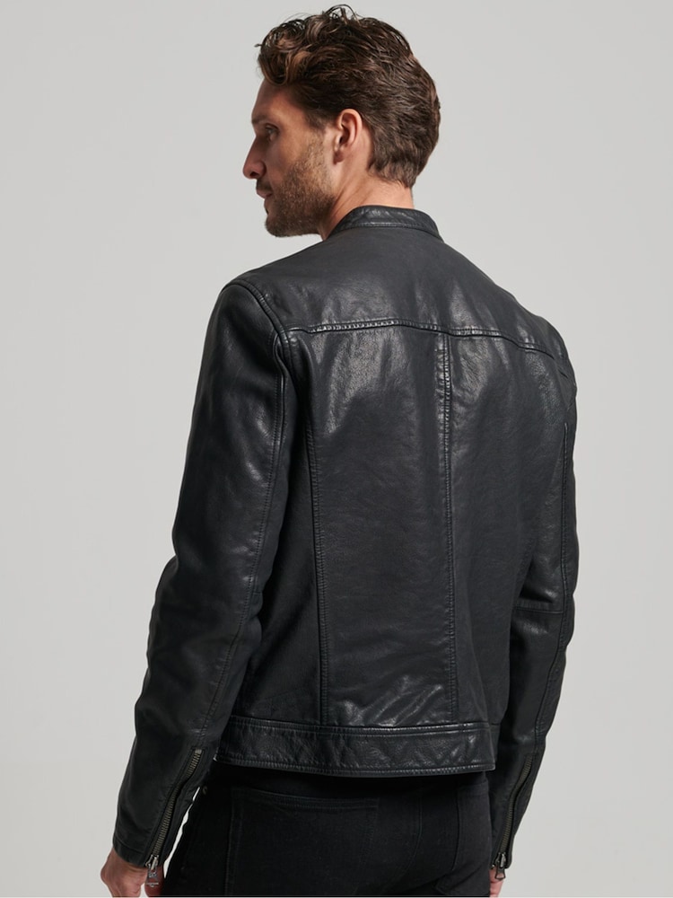 Superdry Black Heritage Leather Sports Racer Jacket - Image 2 of 8
