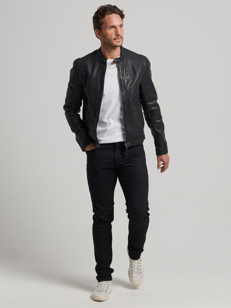 Superdry Black Heritage Leather Sports Racer Jacket - Image 3 of 8