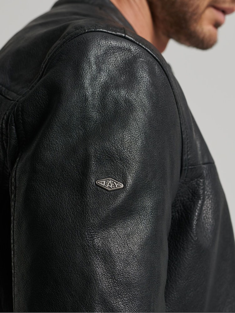 Superdry Black Heritage Leather Sports Racer Jacket - Image 6 of 8