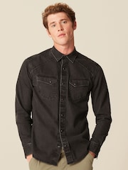 Schwarz - Langärmliges Jeanshemd mit zwei Taschen - Bild 1 von 9