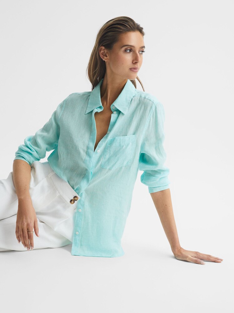 Reiss Aqua Campbell Linen Long Sleeve Shirt - Image 1 of 6 Reiss Aqua Campbell Linen Long Sleeve Shirt - Image 1 of 6