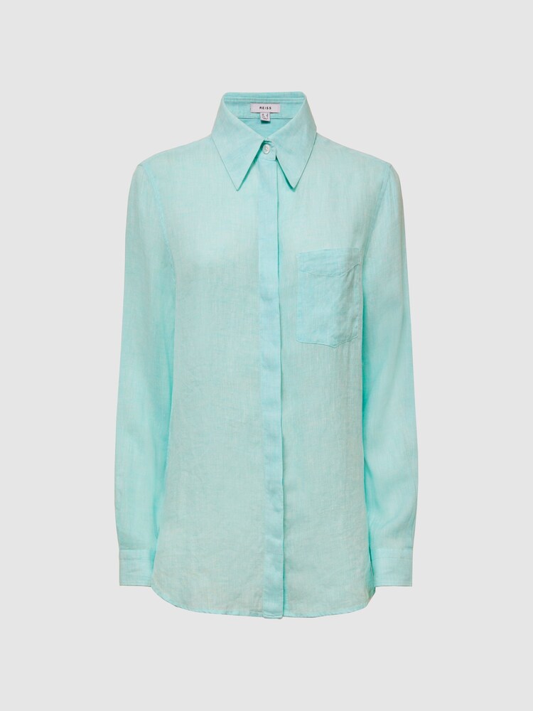 Reiss Aqua Campbell Linen Long Sleeve Shirt - Image 2 of 6 Reiss Aqua Campbell Linen Long Sleeve Shirt - Image 2 of 6