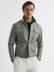 Reiss Sage Gisborne Leather Press Stud Trucker Jacket - Image 1 of 5