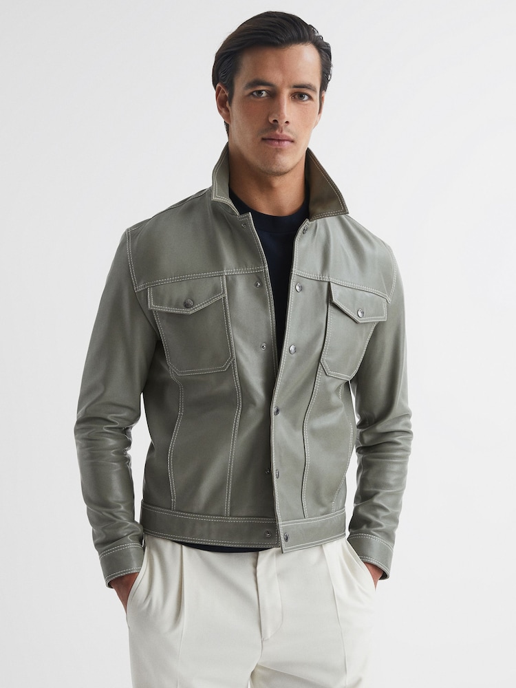 Reiss Sage Gisborne Leather Press Stud Trucker Jacket - Image 1 of 5