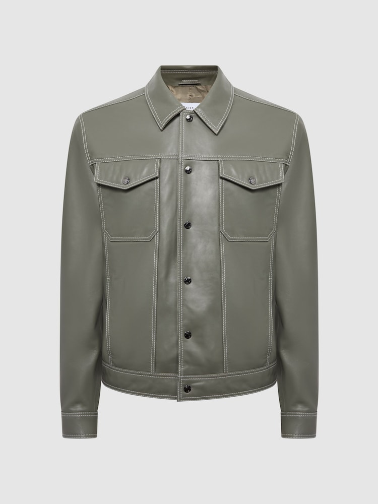 Reiss Sage Gisborne Leather Press Stud Trucker Jacket - Image 2 of 5