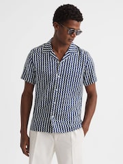 Reiss Navy Mayday Slim Fit Cuban Collar Printed Shirt - Image 1 of 6