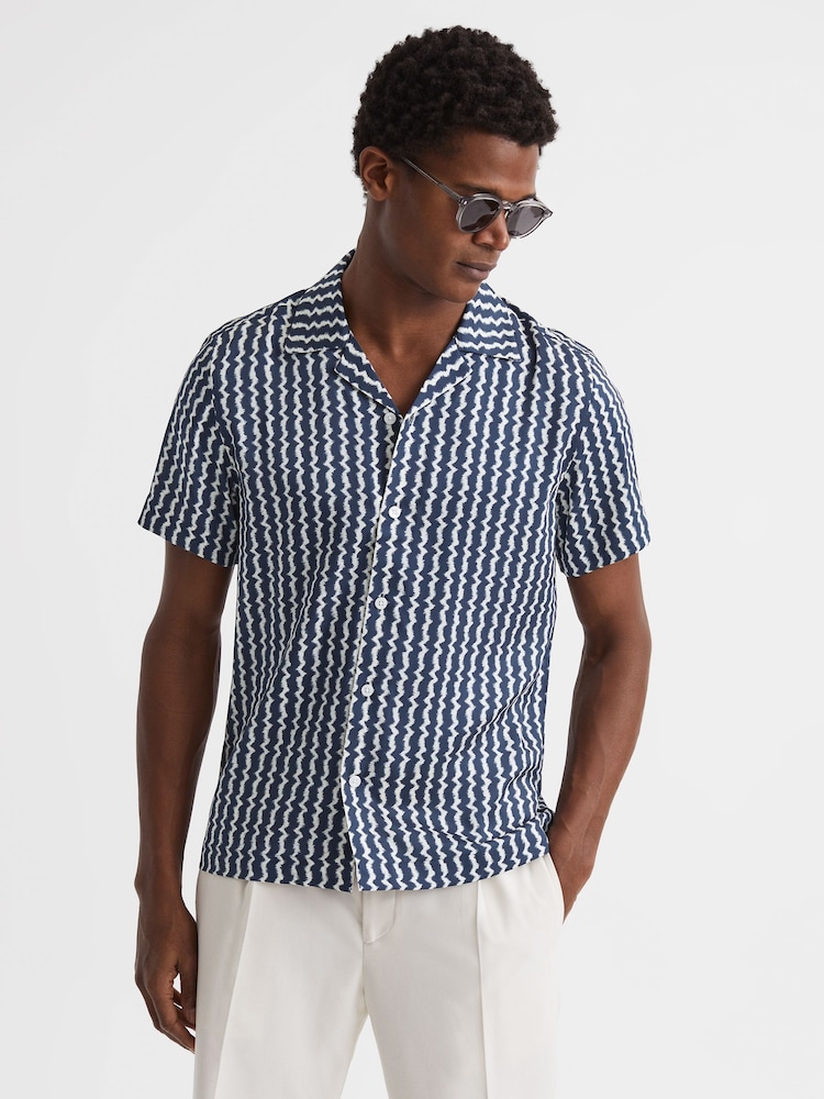 Reiss Navy Mayday Slim Fit Cuban Collar Printed Shirt - Image 1 of 6