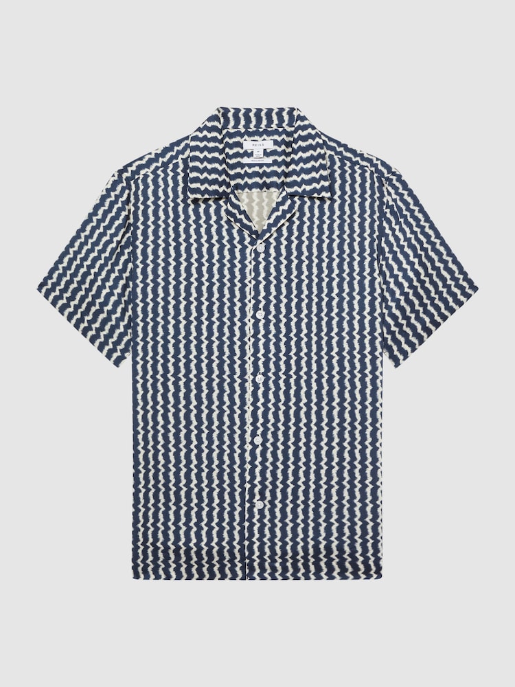 Reiss Navy Mayday Slim Fit Cuban Collar Printed Shirt - Image 2 of 6