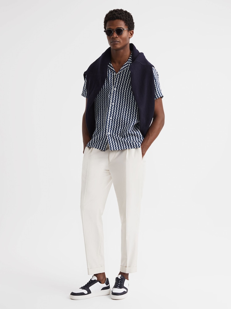 Reiss Navy Mayday Slim Fit Cuban Collar Printed Shirt - Image 6 of 6