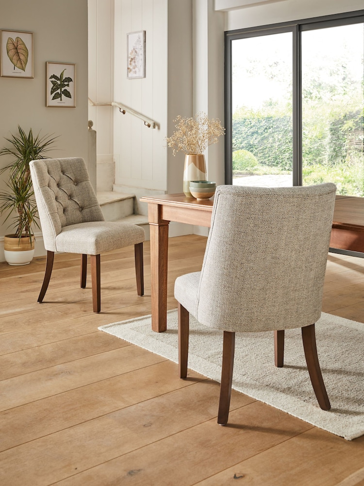 Set of 2 Chunky Weave Mid Natural Wolton Walnut Effect Leg Collection Luxe Button Dining Chairs - Image 1 of 5