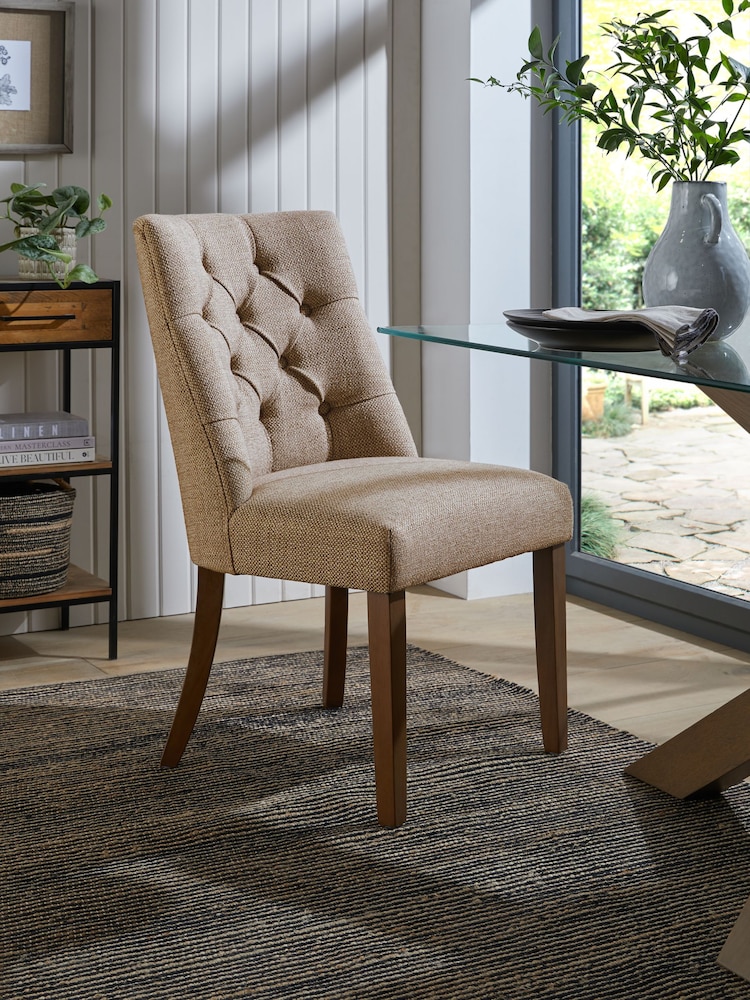 Set of 2 Chunky Weave Mid Natural Wolton Walnut Effect Leg Collection Luxe Button Dining Chairs - Image 2 of 5