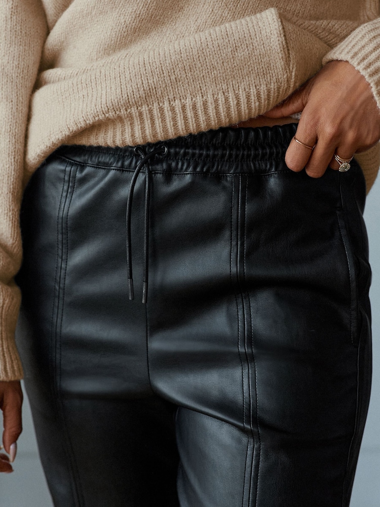 Black Faux Leather PU Jogger Trousers - Image 4 of 7