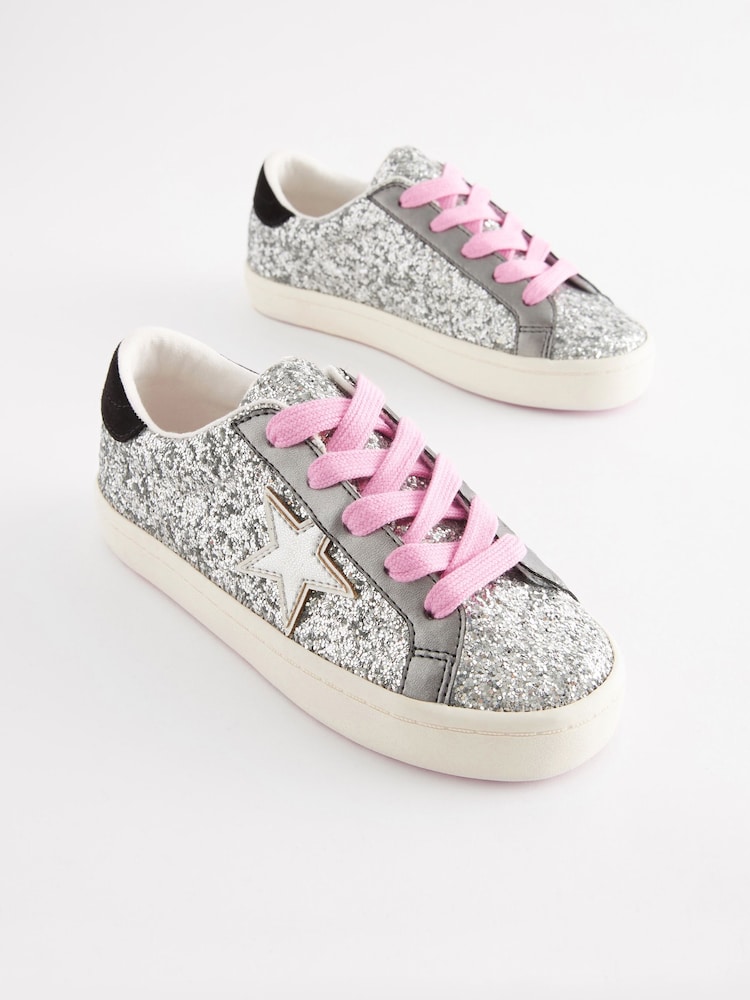 Silver/Pink Standard Fit (F) Star Lace-Up Trainers - Image 1 of 4