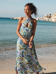 Blue/Purple Paisley Halter-Neck Summer Midi Dress - Image 1 of 9