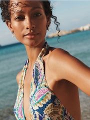 Blue/Purple Paisley Halter-Neck Summer Midi Dress - Image 5 of 9