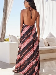 Brown/Pink Tie Dye Halter Maxi Summer Dress - Image 2 of 8