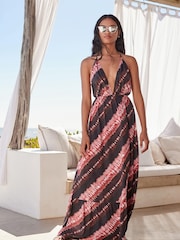 Brown/Pink Tie Dye Halter Maxi Summer Dress - Image 3 of 8