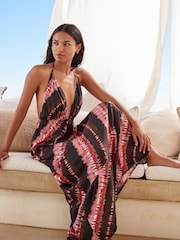 Brown/Pink Tie Dye Halter Maxi Summer Dress - Image 4 of 8