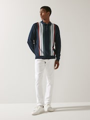 Navy Blue Regular Vertical Stripe Long Sleeve Polo Shirt - Image 2 of 7