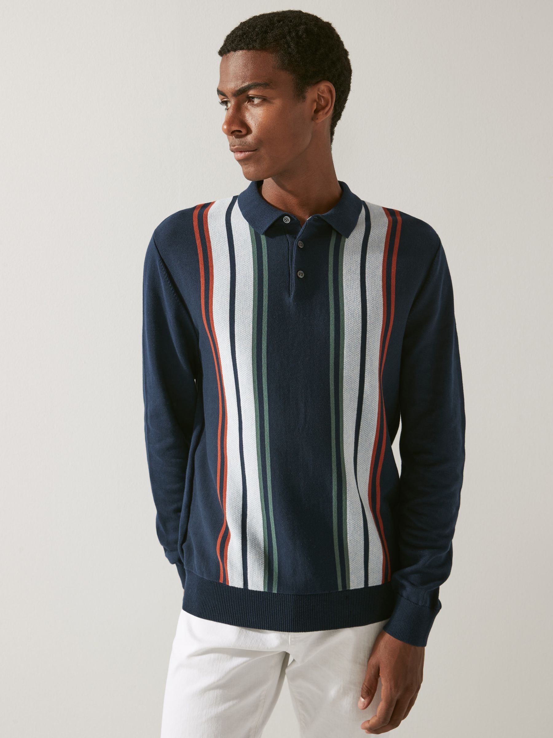 Buy Navy Blue Regular Vertical Stripe Long Sleeve Polo Shirt from Next Luxembourg