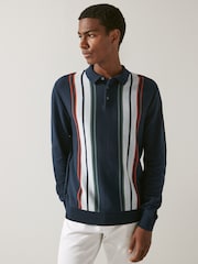 Navy Blue Regular Vertical Stripe Long Sleeve Polo Shirt - Image 4 of 7