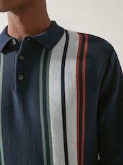 Navy Blue Regular Vertical Stripe Long Sleeve Polo Shirt - Image 5 of 7