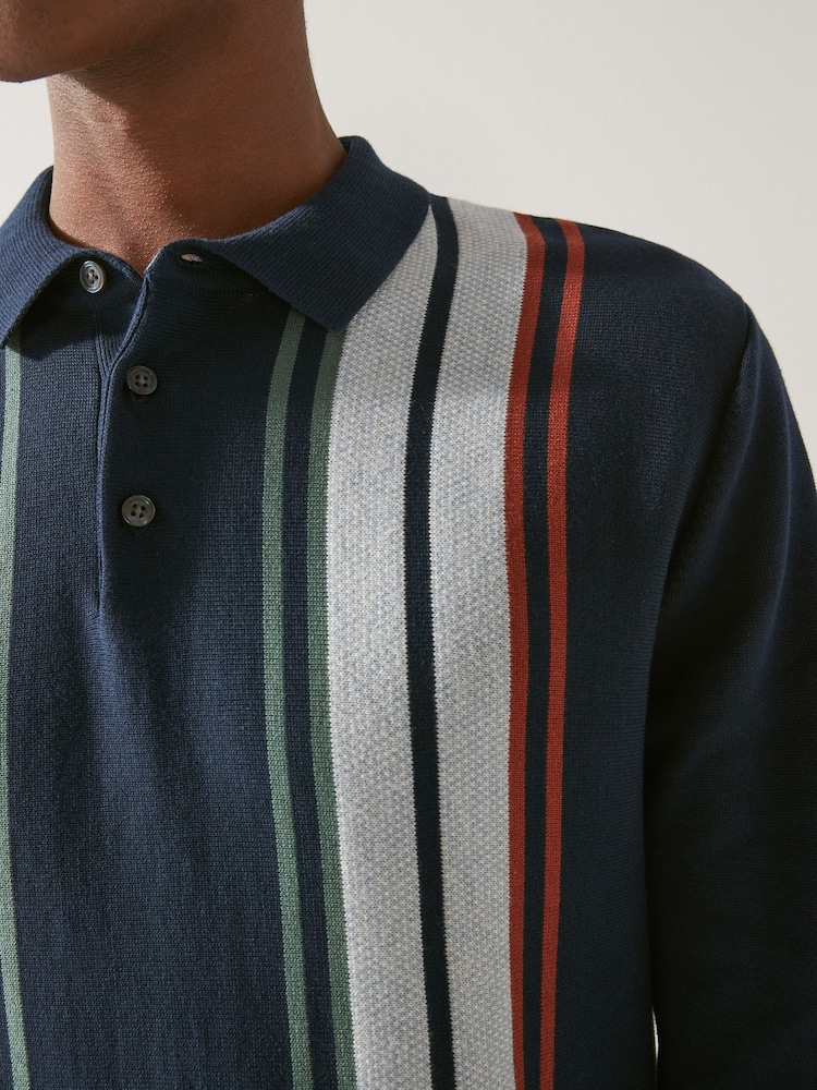Navy Blue Regular Vertical Stripe Long Sleeve Polo Shirt - Image 5 of 7