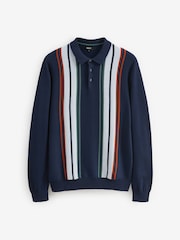 Navy Blue Regular Vertical Stripe Long Sleeve Polo Shirt - Image 6 of 7