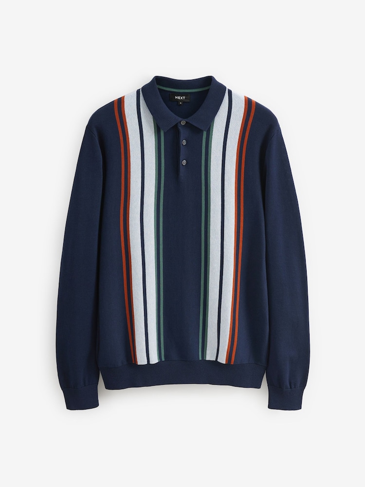 Navy Blue Regular Vertical Stripe Long Sleeve Polo Shirt - Image 6 of 7