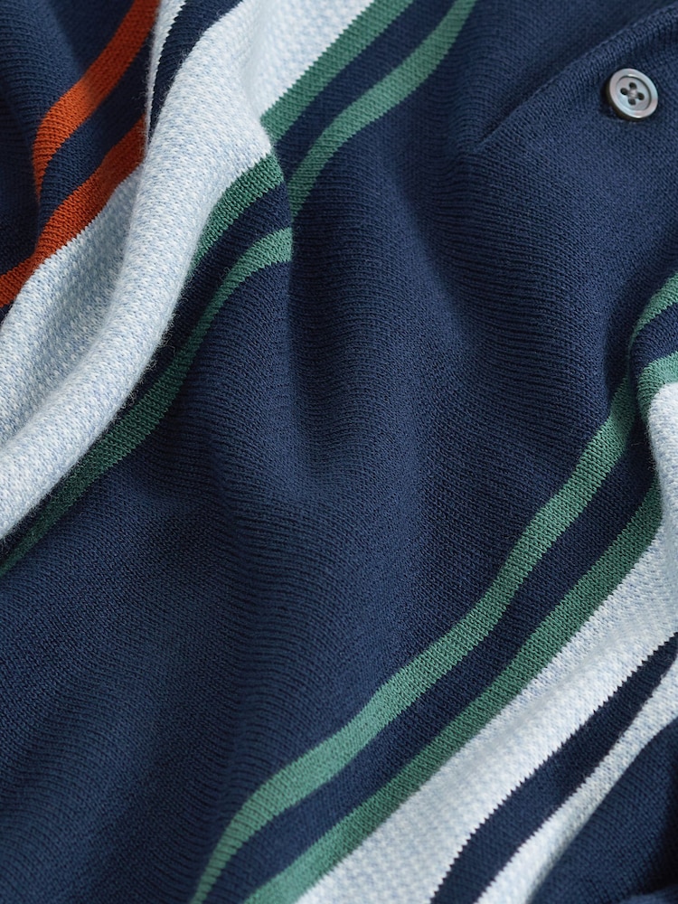 Navy Blue Regular Vertical Stripe Long Sleeve Polo Shirt - Image 7 of 7