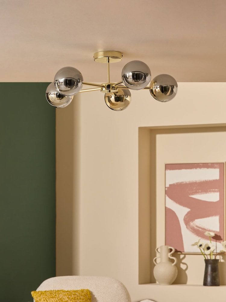 MADE.COM Brass/Smoked Glass Globe 5 Light Flush Ceiling Light - Image 1 of 7