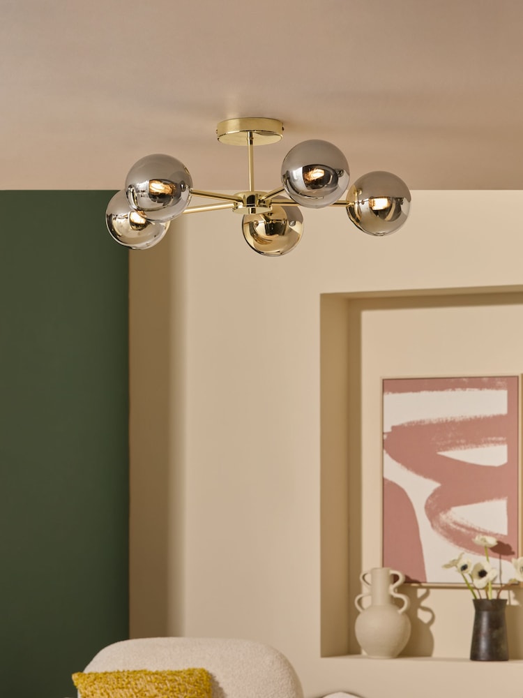 MADE.COM Brass/Smoked Glass Globe 5 Light Flush Ceiling Light - Image 2 of 7