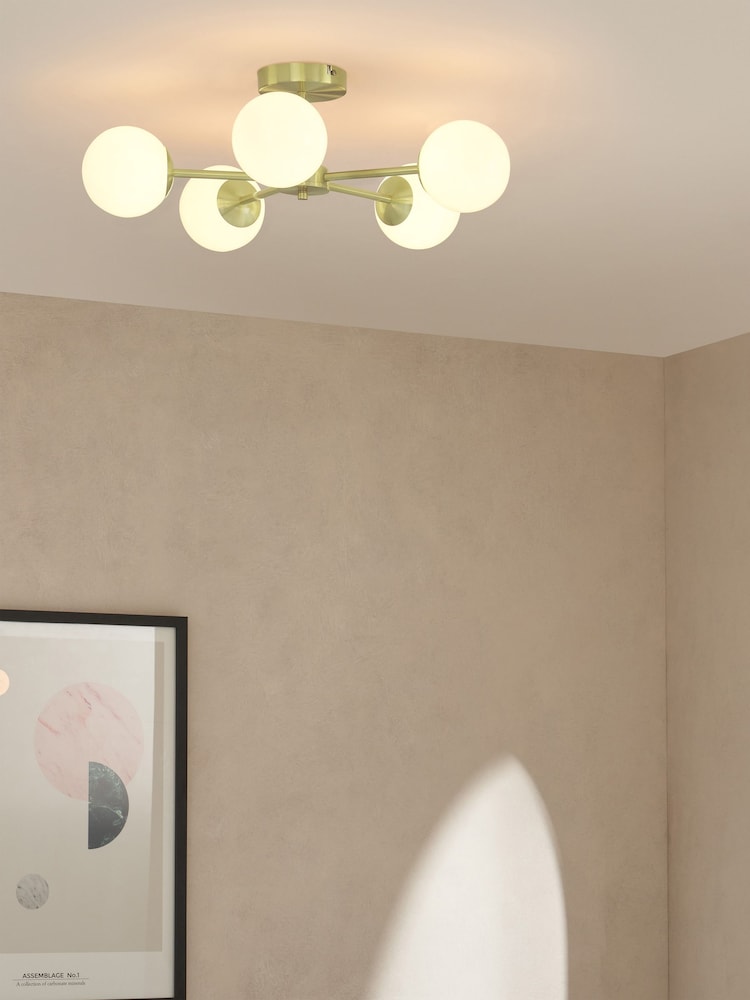 MADE.COM Brass/Opal Globe 5 Light Flush Ceiling Light - Image 1 of 3
