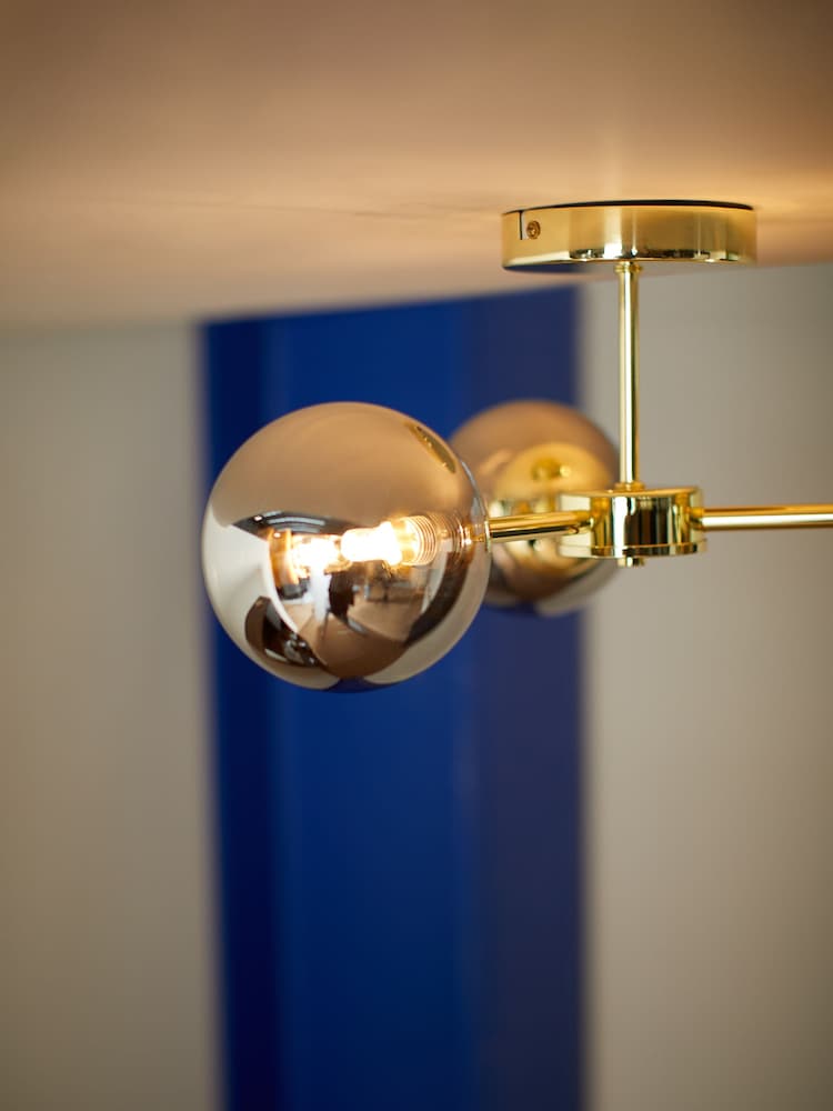 MADE.COM Brass/Smoked Glass Globe 3 Light Flush Ceiling Light - Image 2 of 4