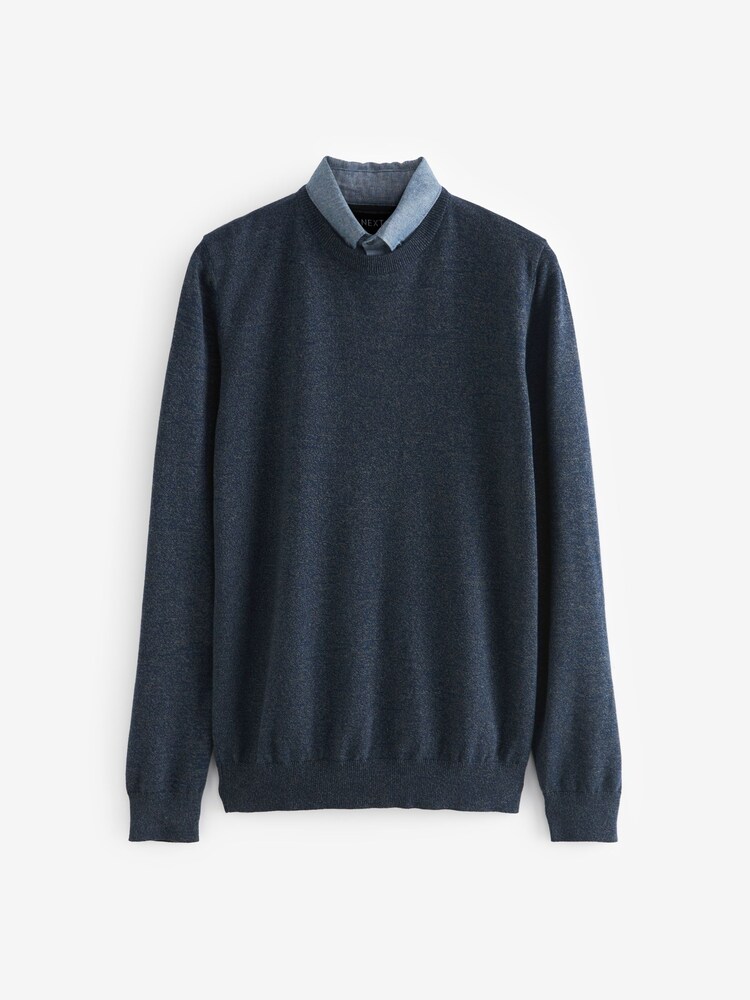 Bleu torsadé - Pull ras du cou en maille avec chemise simulée régulière - Image 7 of 9