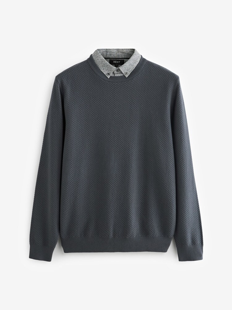 Bulle gris anthracite - Pull ras du cou en maille avec chemise simulée régulière - Image 6 of 8