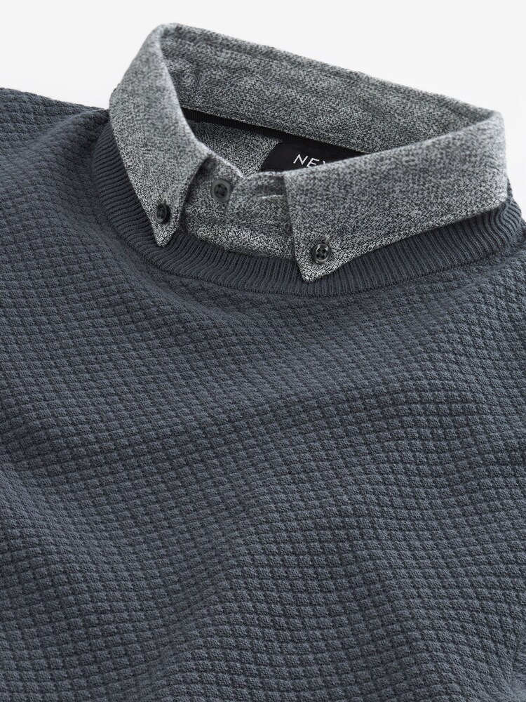 Bulle gris anthracite - Pull ras du cou en maille avec chemise simulée régulière - Image 7 of 8