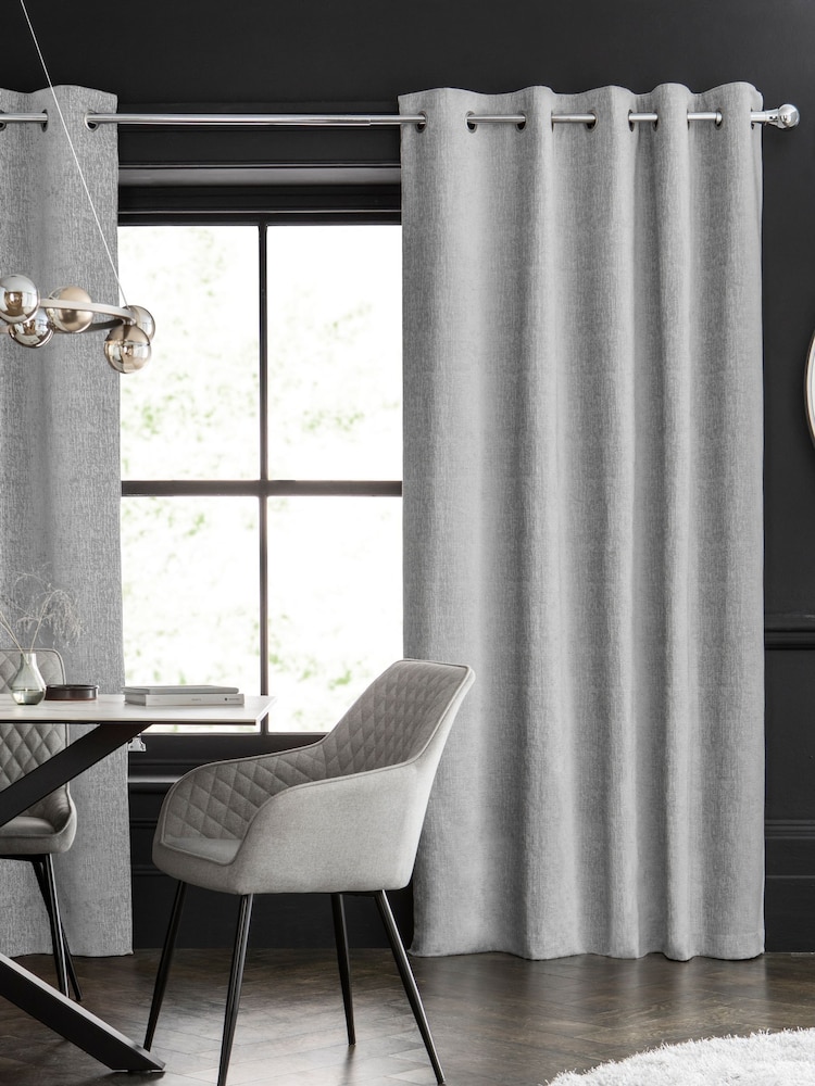 Grey Light Heavyweight Chenille Eyelet Blackout/Thermal Curtains - Image 3 of 7