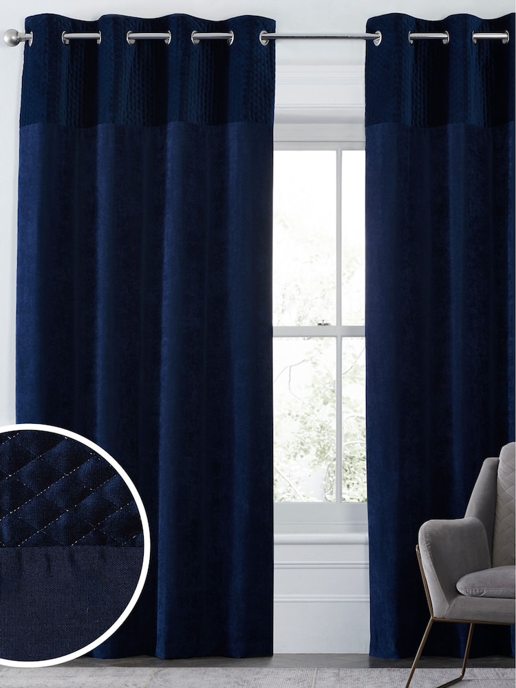 Navy Blue Velvet Quilted Hamilton Blackout/Thermal Eyelet Curtains - Image 1 of 6