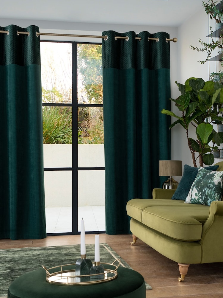Bottle Green Velvet Quilted Hamilton Blackout/Thermal Eyelet Curtains - Image 1 of 6