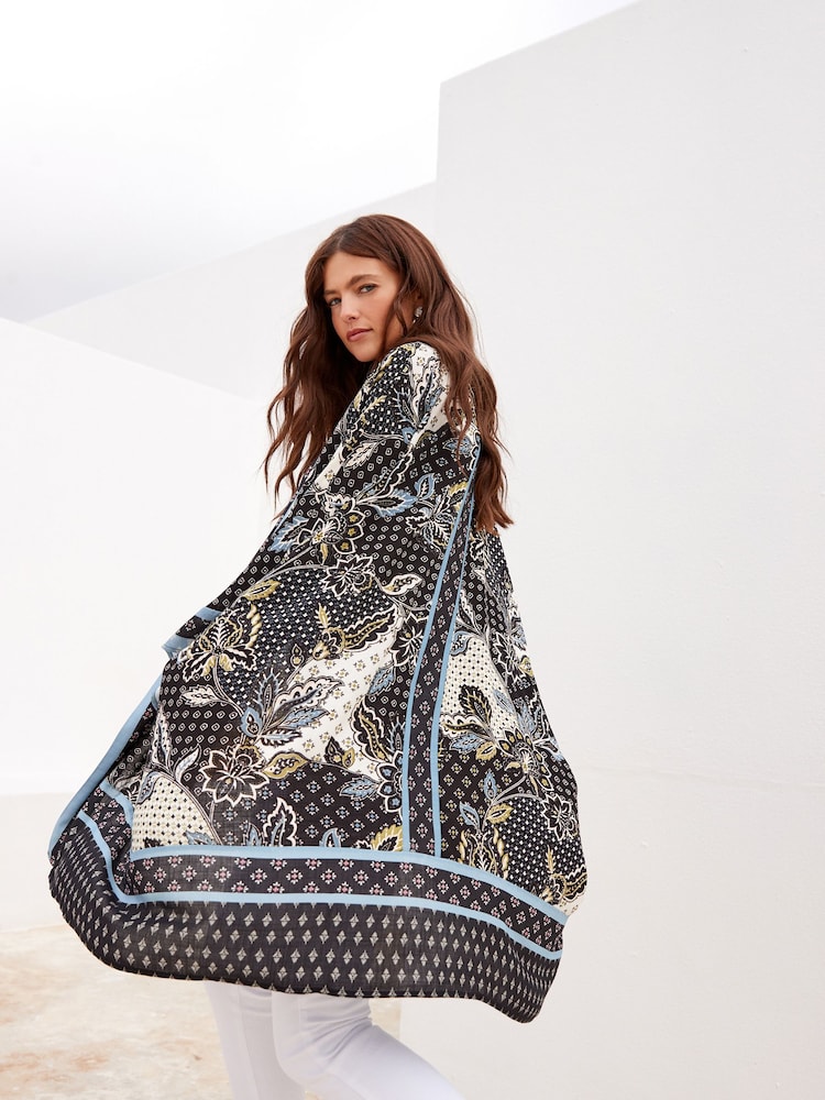 Black/White Floral Longline Kimono Cover-Up - Image 1 of 4