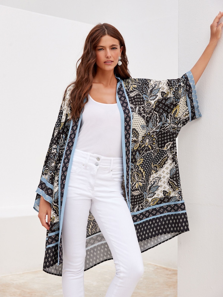 Black/White Floral Longline Kimono Cover-Up - Image 2 of 4