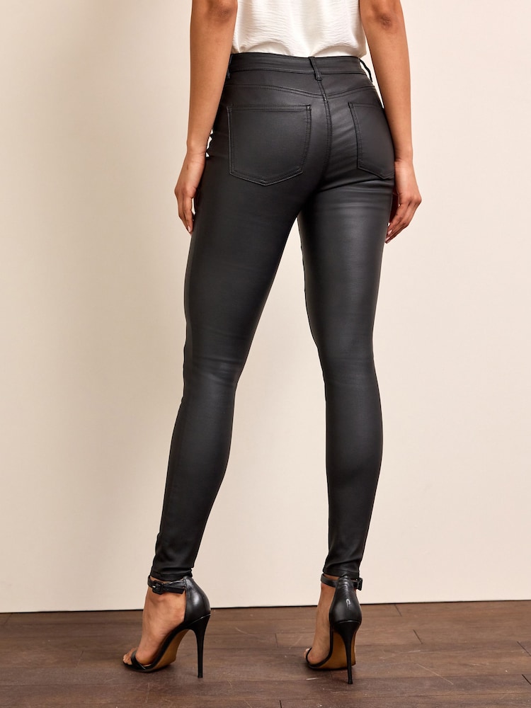 Black Leather Look Leather Coated Skinny Jeans High Waisted Black 