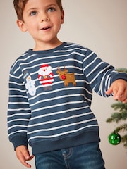 Navy Blue Stripe Christmas Appliqué Crew Neck Sweatshirt (3mths-7yrs) - Image 1 of 7