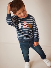 Navy Blue Stripe Christmas Appliqué Crew Neck Sweatshirt (3mths-7yrs) - Image 2 of 7