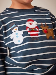 Navy Blue Stripe Christmas Appliqué Crew Neck Sweatshirt (3mths-7yrs) - Image 4 of 7