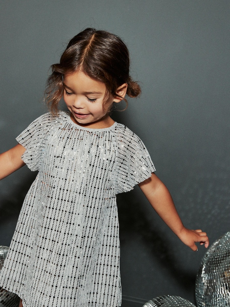 Silber - Partykleid mit Schleifenpailletten und Engelsärmeln (6M.–10J.) - Bild 1 von 6 Silber - Partykleid mit Schleifenpailletten und Engelsärmeln (6M.–10J.) - Bild 1 von 6