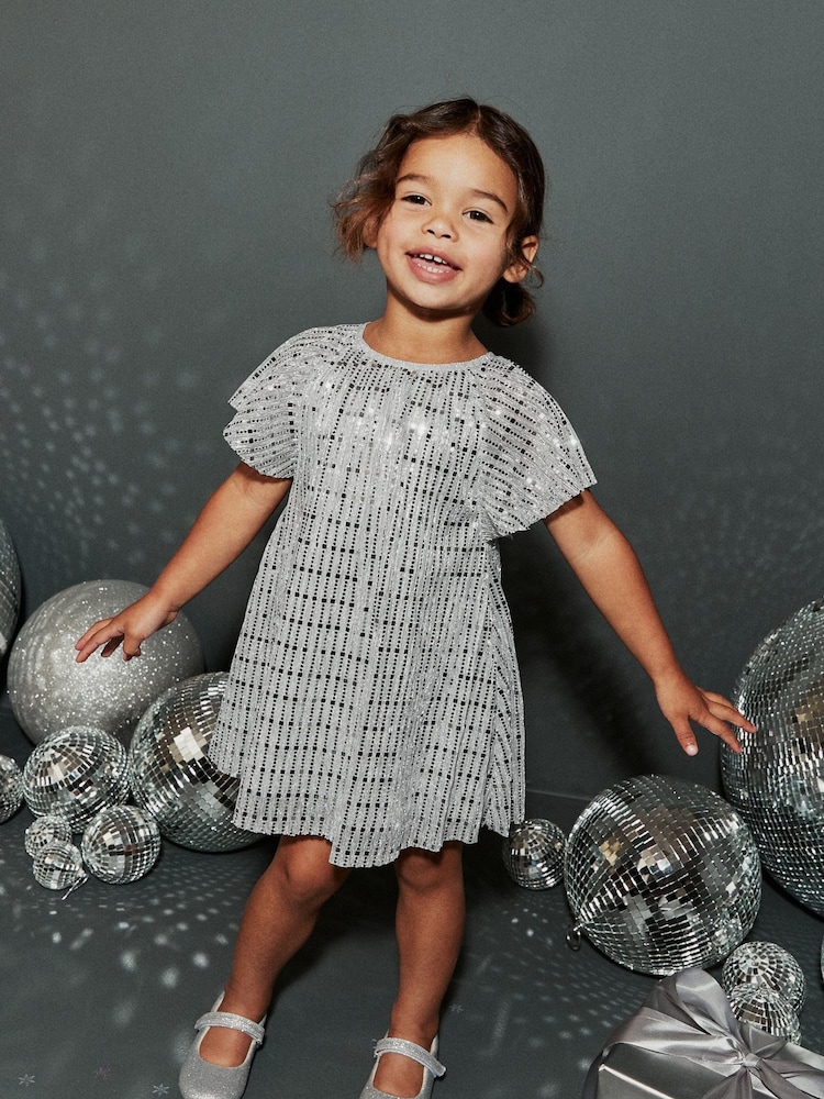Silver Sequin Party Angel Sleeve Dress (3mths-8yrs) - Image 2 of 6