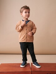 Tan Brown/Navy Blue Jersey Cardigan And Joggers 3 Piece Set (3mths-7yrs) - Image 1 of 7